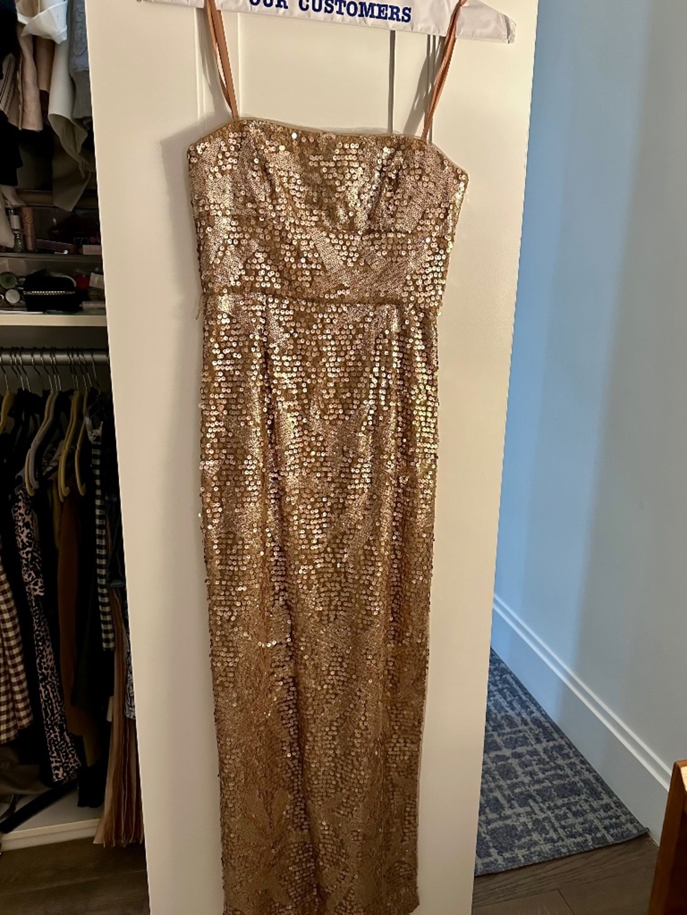 BCBG pale gold sequin strapless dress